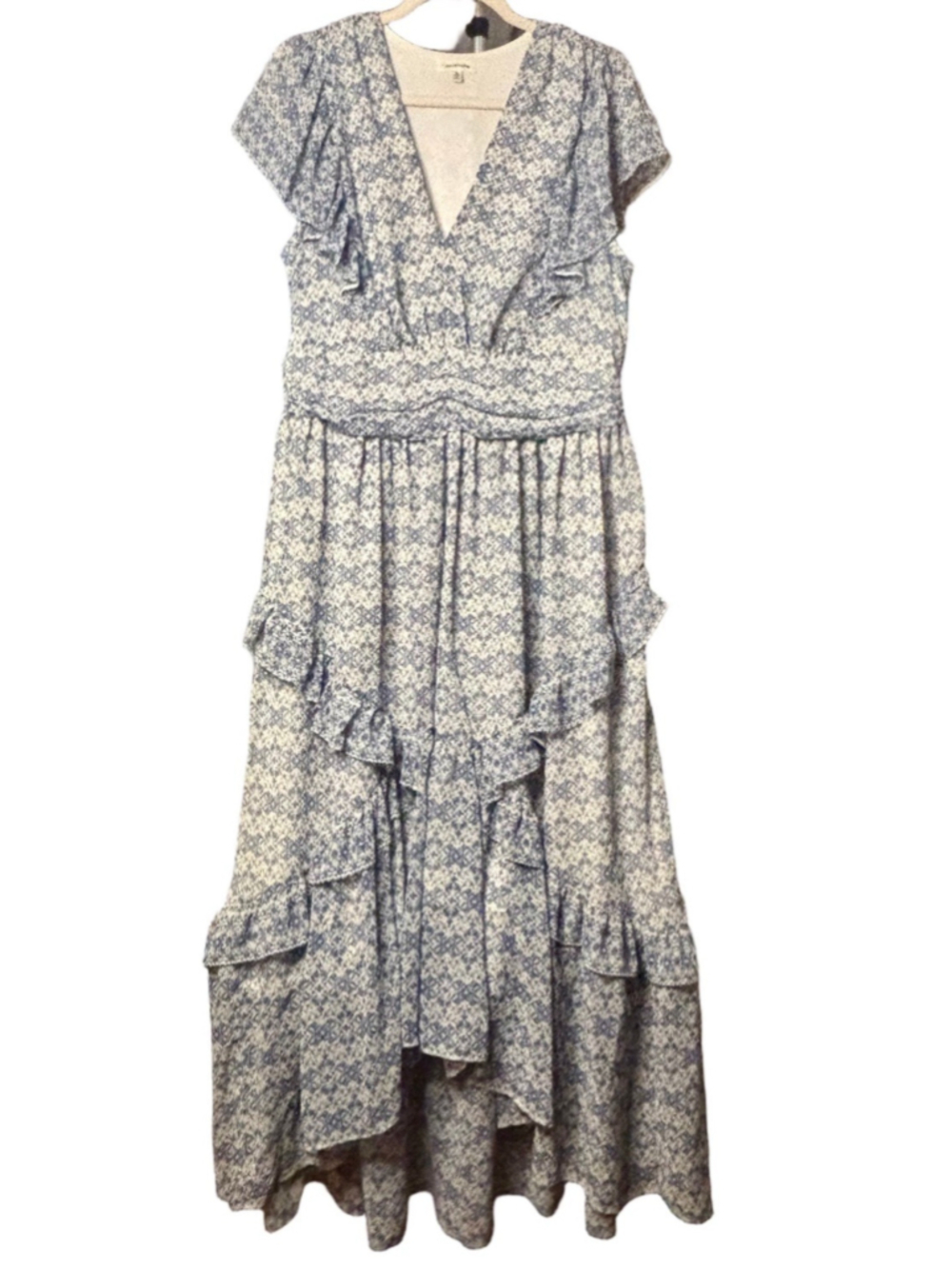 Max Studio XL Blue White Floral Maxi Dress Ruffle Tiered Cottagecore Boho